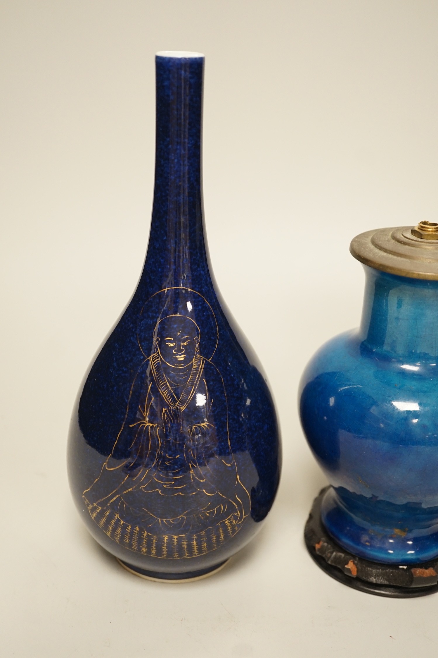 A Chinese blue glazed gilt decorated vase and a blue glazed table lamp base on stand, tallest 25cm